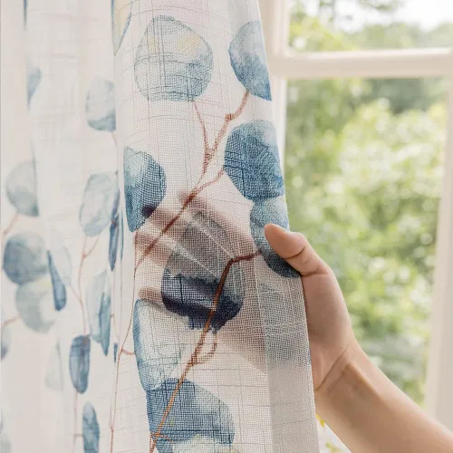 Vista 5 de SUOUO Cortinas blancas semitransparentes con hojas azules para dormitorio, comedor, sala de estar, lino texturizado de 84 pulgadas de largo