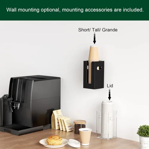 Vista 4 de Dispensador de Vasos de Café Desechables con Asas, Montaje en Encimera o Pared, Soporte para Vasos de Bebidas Calientes/Frías y Tapas - Organizador