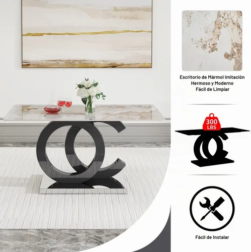 Vista 4 de Ebullient Juego de Mesa de Comedor Moderno para 4, Juego de 5 Piezas de Mesa de Comedor y Sillas para 4, Tablero de Mesa de Mármol PDLB y Base