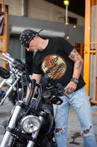Vista 5 de Camiseta de moto Last Stop Biker Rider Route 66 Harley Vintage Mens Black Tee