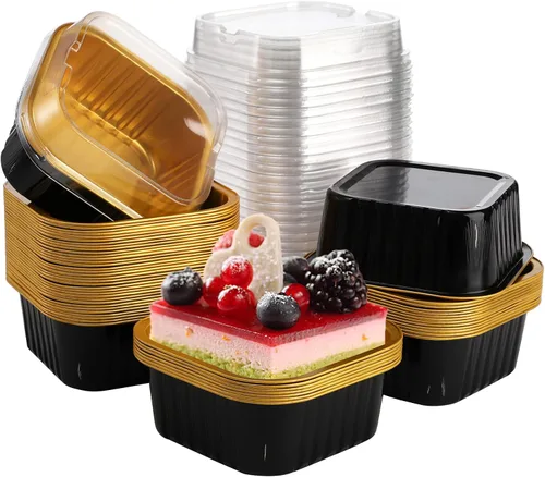 Vista 8 de ZEAYEA 100 mini moldes para pasteles con tapas, 5.7 onzas de papel de aluminio cuadrado para hornear, moldes desechables para magdalenas, postre
