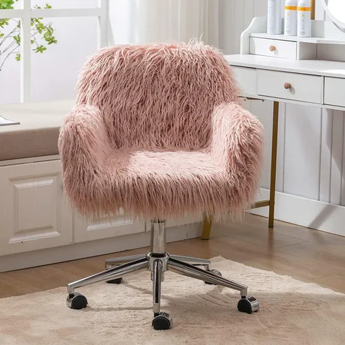 Vista 3 de Silla de escritorio de piel sintética con ruedas, moderna silla de tocador de maquillaje peluda para niñas y mujeres, sillas de escritorio tapizadas