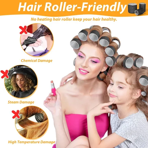 Vista 3 de 39 piezas de rulos autoadhesivos de 3 tamaños - Negro de 2.5 pulgadas, 1.9 pulgadas, 1.4 pulgadas con clips de pico de pato para cabello largo