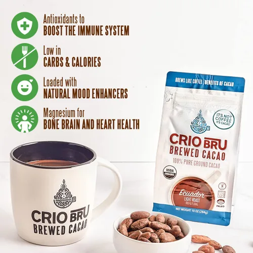 Vista 7 de Crio Bru Brewed Cacao Ghana French Roast Bolsa de 1.5 libras (24 onzas) – Bebida saludable natural alternativa al café Granos de cacao molidos