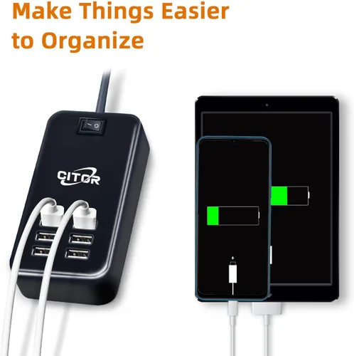 Vista 3 de Cargador USB multipuerto, estación de carga USB de 6 puertos para múltiples dispositivos, teléfono, tableta, regleta de alimentación con interruptor