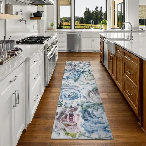 Vista 3 de DECOMALL Alfombra de pasillo lavable a máquina con diseño de jazmín, alfombra de cocina moderna y colorida con flores, alfombra antideslizante
