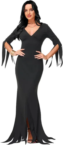 Vista 3 de AOBUTE Disfraz de Morticia de Halloween para mujer, vestido largo ajustado con cuello en V
