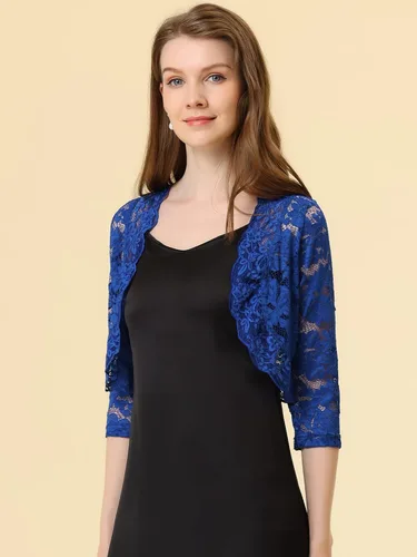 Vista 2 de Allegra K - Chaquetilla elegante para mujer de encaje floral traslúcido y manga 34