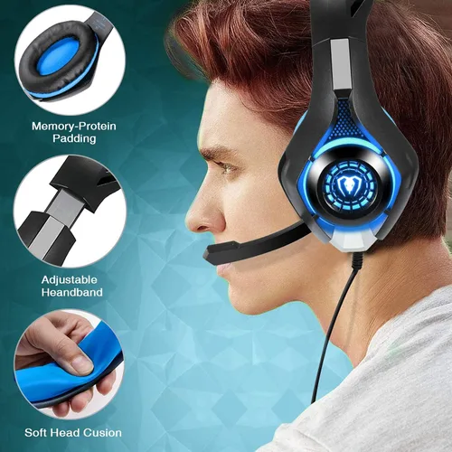 Vista 5 de BlueFire Auriculares con cable para juegos para PS4, PS5, Xbox One, PC, auriculares con sonido envolvente, micrófono con cancelación de ruido, Azul