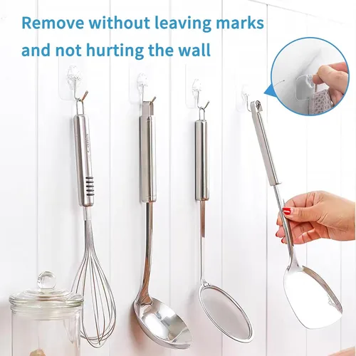 Vista 5 de Paquete de 24 ganchos autoadhesivos resistentes, 33 libras máximo, transparentes, impermeables, ganchos de pared adhesivos para llaves, baño, ducha