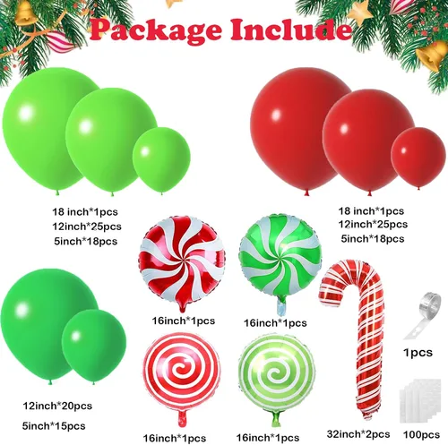 Vista 3 de Kit de arco de globos de Navidad, 129 globos de Navidad con globos de látex de 18 pulgadas, 12 pulgadas, 5 pulgadas, verde, rojo, lima, verde