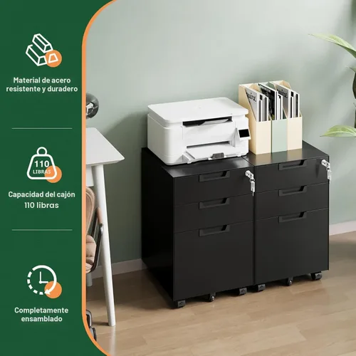 Vista 5 de Letaya Archivador móvil de 3 cajones con cerradura, archivadores pequeños de metal debajo del escritorio para organizador de oficina en casa Negro