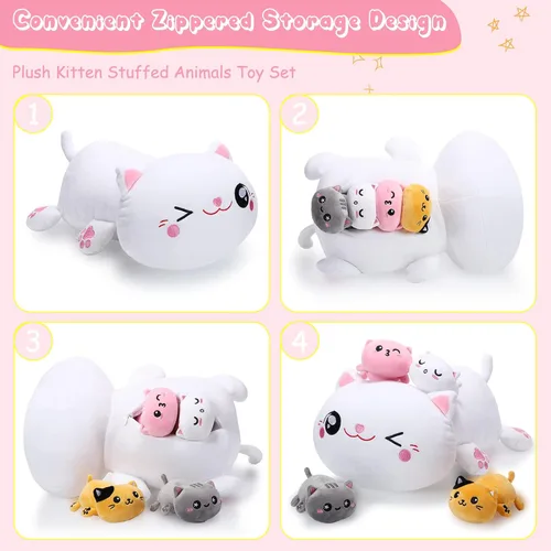 Vista 4 de Libima 5 piezas de animales de peluche de gato de Navidad con bebés dentro del vientre, 1 gato de peluche mamá con 4 gatitos juguetes de peluche