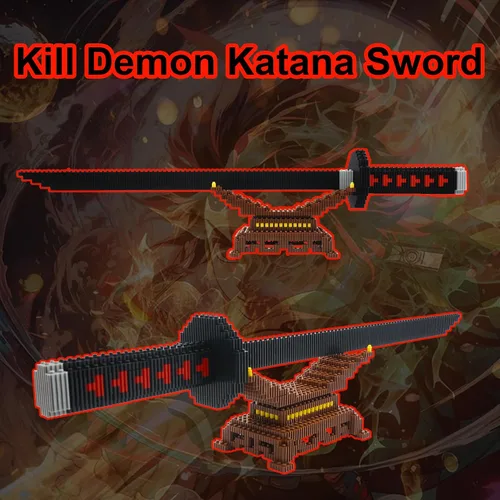Vista 2 de Beego Kill Demon Sword - Juego de construcción de espada negra Tanjirou de 19 pulgadas con soporte para espada