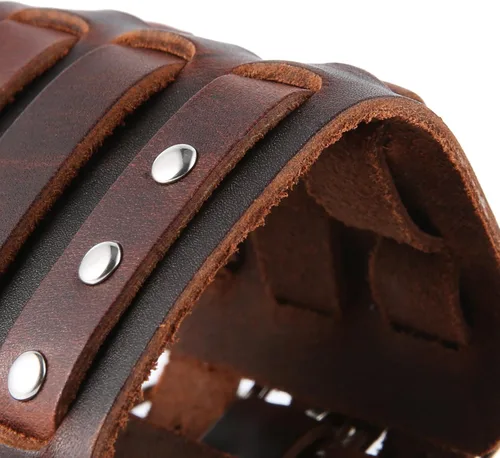 Vista 5 de HZMAN Anillo de aleación para hombre, pulsera de cuero genuino, tono plateado, ajustable