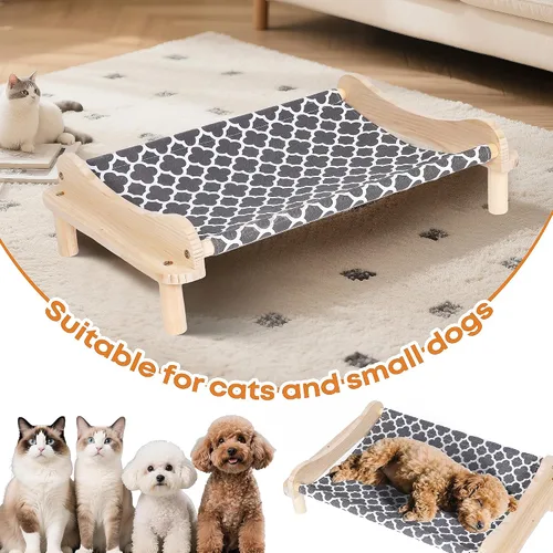 Vista 7 de Cama elevada de madera para gatos – 24 x 15.7 x 5.9 pulgadas, hamaca transpirable para mascotas para uso en interiores y exteriores, tumbona elevada