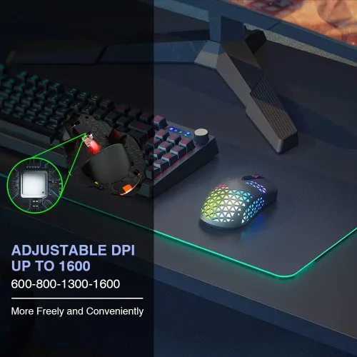 Vista 7 de WolfLawS Mouse inalámbrico para juegos KM-3 mouse USB recargable con carcasa de panal 7 botones programados 4 DPI ajustables BT50BT3024GHz mouse