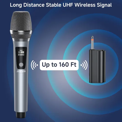 Vista 5 de JYX Micrófono inalámbrico, sistema de micrófono dinámico de mano profesional UHF de metal con receptor recargable de 1/4 pulgadas (0.250 in) enchufe