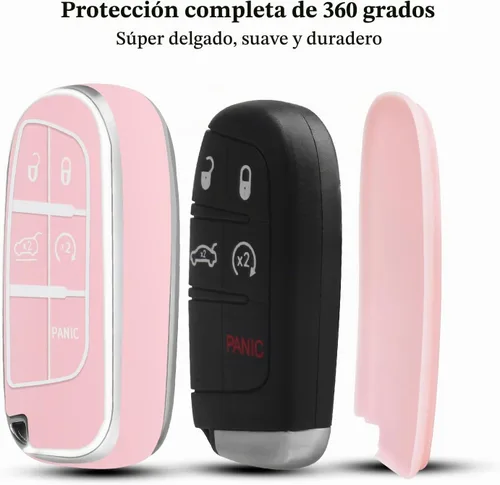 Vista 4 de QBUC Funda para llavero de Jeep con llavero de cuero TPU funda de protección compatible con llave inteligente Grand Cherokee Renegade (rosa)