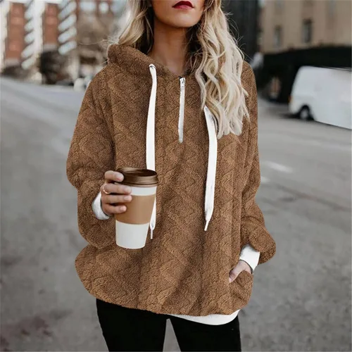 Vista 2 de Sudaderas con capucha para mujer con cremallera de gran tamaño, de forro polar, con estampado de moda, sin botones, con bolsillo, Rosado