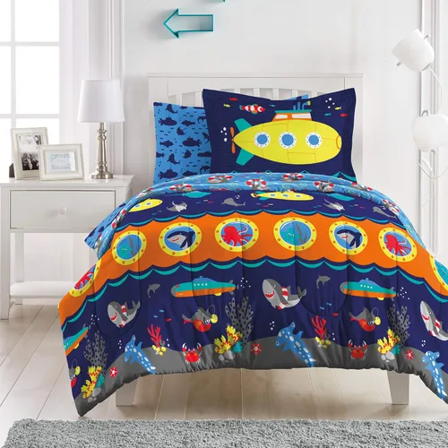 Vista 9 de Dream Factory Dinosaur Blocks - Juego de edredón de microfibra ultrasuave para niños, color azul, tamaño individual Bloques de dinosaurios azules