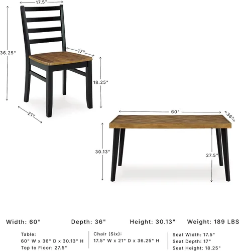 Vista 2 de Signature Design por Ashley Blondon - Juego de mesa de comedor rectangular con 6 sillas, patrón de chevron, patas cónicas, capacidad para 6 Negro