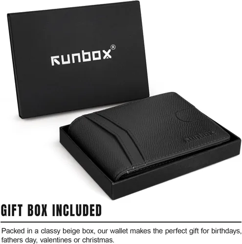Vista 5 de RUNBOX Cartera para hombres Slim Rfid Leather 2 ID Window con caja de regalo, Palm-negro, Minimalista
