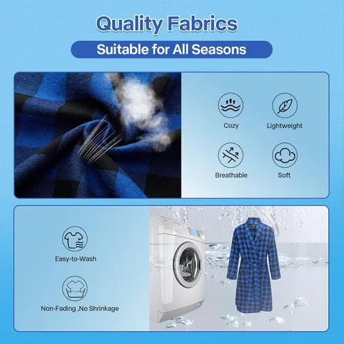 Vista 4 de FashGudim Bata de algodón a cuadros para hombre, ligera, con cuello de chal, kimono, ropa de dormir, ropa de descanso, batas de casa