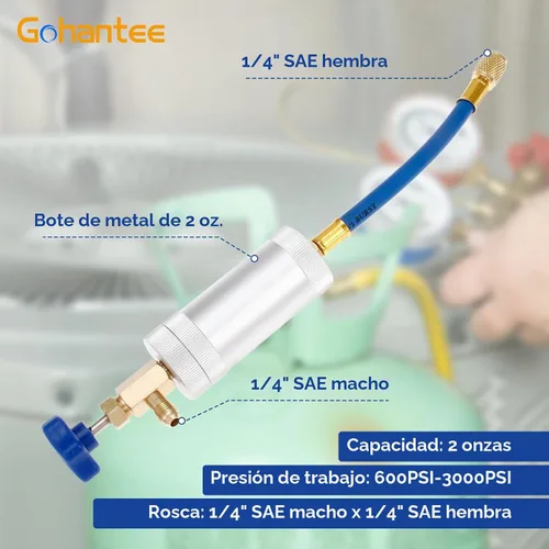 Vista 3 de gohantee Inyector de tinte de aceite de CA R12 para R134a R22 2oz A/C Herramienta de inyección de aire acondicionado hembra 1/4 "SAE x macho 1/4" SAE