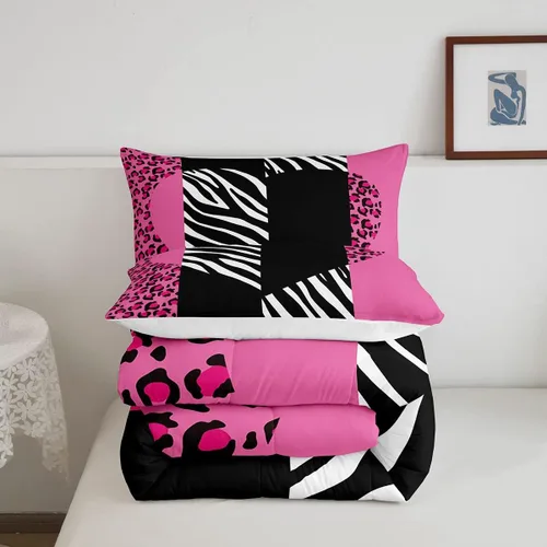 Vista 5 de Manfei Juego de edredón de leopardo rosa, tamaño individual, juego de edredón romántico con estampado de corazón con 1 funda de almohada, juego