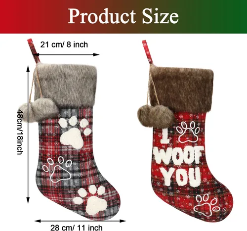 Vista 3 de Skylety 2 medias navideñas para perros y mascotas, de 20 pulgadas, a cuadros, de felpa, de piel sintética, adorno colgante de Navidad con letra