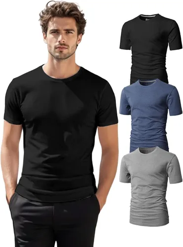 Vista 22 de H2H Camisetas para hombre - Pack de varias unidades, diseño simple, manga corta, ajuste delgado, mezcla de algodón (cuello en V/cuello redondo)