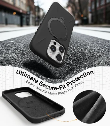 Vista 6 de TORRAS Funda de silicona líquida para iPhone 16 Pro con anillo magnético giratorio de 360 grados y control de cámara, compatible con MagSafe, Funda