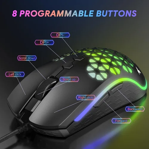 Vista 7 de TECURS Mouse para juegos con cable mouse con cable de 12000 DPI mouse óptico USB para juegos de PC con 8 botones programables mouse RGB ultraligero