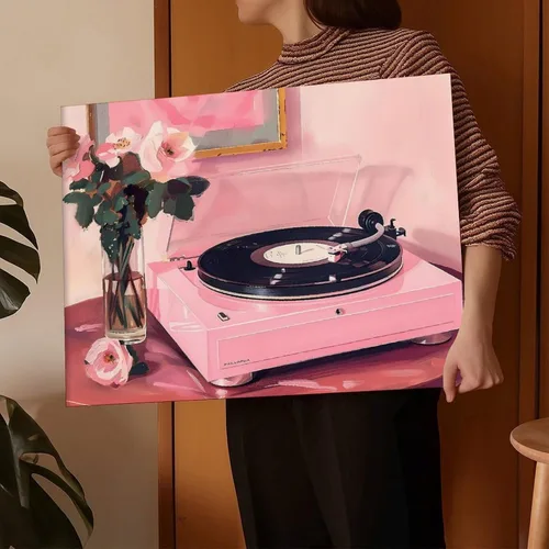 Vista 3 de YFET Tocadiscos vintage Y2K Room Flowers Pink Retro Music Lover Preppy Room - Póster artístico de pared y arte de pared, póster moderno