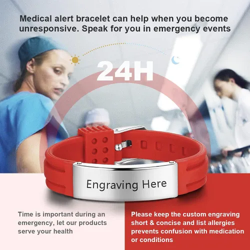 Vista 34 de OPALSTOCK Pulseras médicas personalizadas de silicona ajustable para identificación de emergencias, grabado gratuito, 9 pulgadas, resistente al