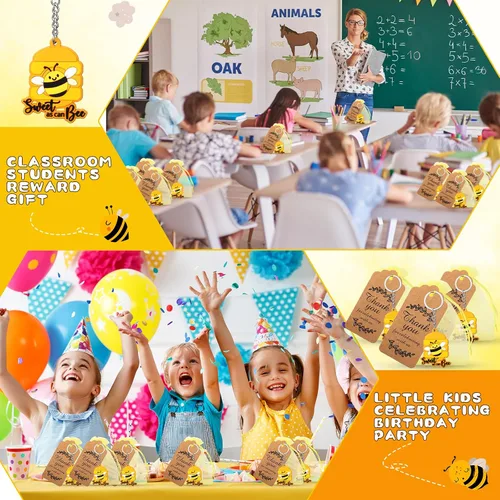 Vista 7 de Roowest 150 piezas de dulces como pueden abeja, regalos de fiesta, incluyendo 50 llaveros de abeja con 50 bolsas de regalo, 50 etiquetas
