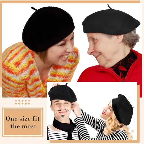 Vista 4 de 15 piezas de boina de lana para mujer, boina francesa de lana, boina de artista, gorra de invierno de color sólido para mujeres y niñas (negro)