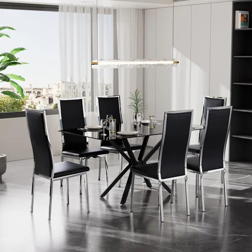 Vista 19 de Juego de 4 mesas de comedor de cristal negro, mesa de cocina minimalista moderna de 47 pulgadas con 4 sillas de comedor clásicas negras y plateadas