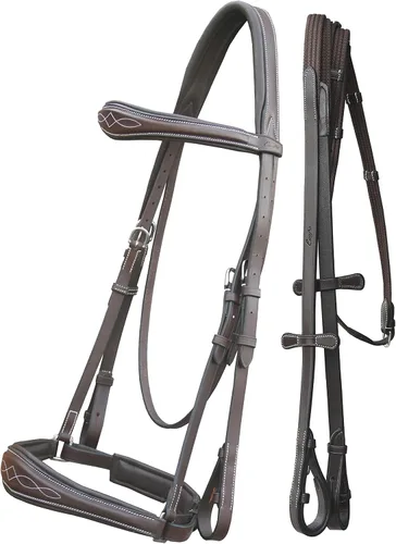 Vista 6 de Exion Dressage Brid: forro suave, forma anatómica y costuras de diseñador en banda de cejas y banda nasal viene con riendas de tela equipadas con un