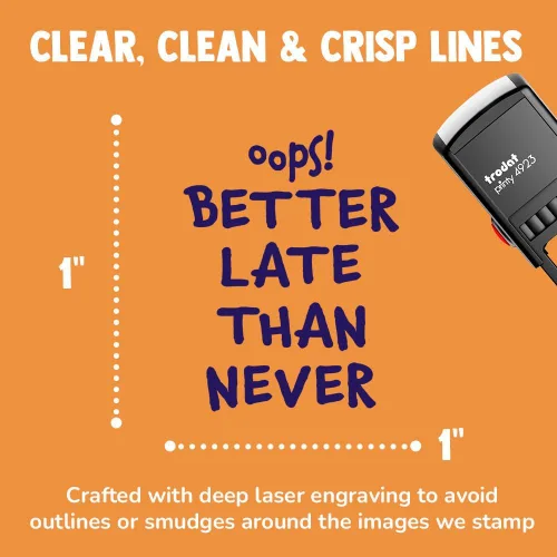 Vista 2 de Oops Better Late Than Never Belated - Sello de goma autoentintado con texto – 1 pulgada pequeño – tinta negra