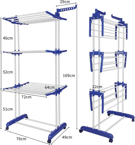 Vista 2 de Clothes Drying Rack Folding Clothes Rail 3 Tier Clothes Horses Rack Stainless Steel Laundry Garment Dryer Stand with Two Side Wings, Blue + Grey