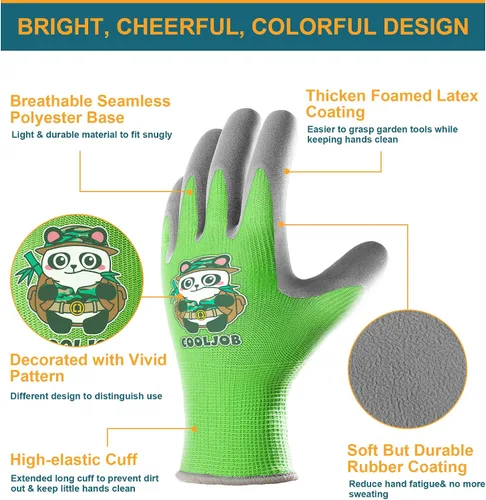 Vista 2 de COOLJOB 3 pares de guantes de jardinería para niños pequeños de 3 a 5 años, guantes de trabajo de goma con agarre para niños y niñas, rojo, verde