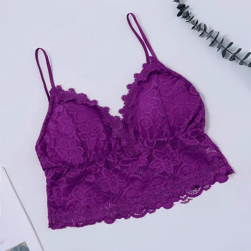 Vista 3 de Camiseta sexy para mujer, ribete de encaje de verano, festoneado, ahuecado, transparente, escote transparente, para fiesta nocturna y club, púrpura