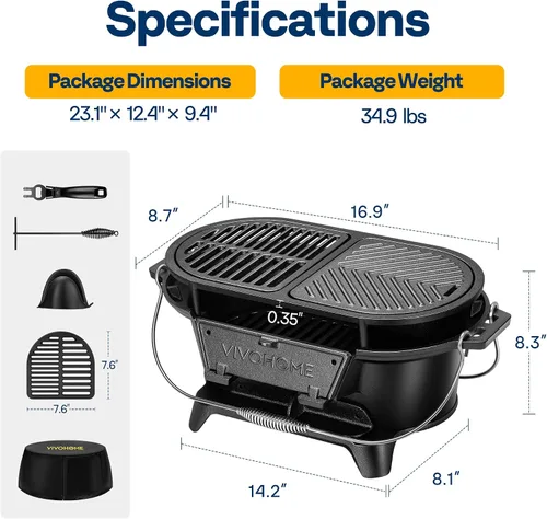 Vista 7 de VIVOHOME Parrilla ovalada de hierro fundido con rejillas intercambiables y plancha, 2 puertas de horno para control de calor, incluye guantes, póker