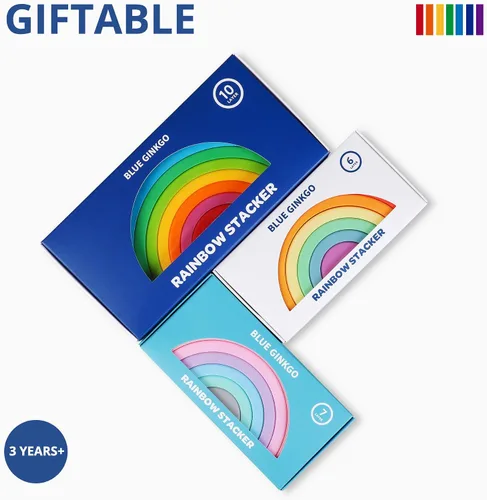 Vista 6 de BLUE GINKGO - Rompecabezas de silicona de arco iris, bloques de construcción de juguetes apilables para bebés, anidación Montessori de extremo