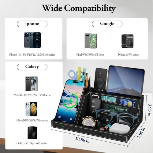 Vista 8 de TopMade Organizador de mesita de noche de escritorio con cargador inalámbrico, soporte de cuero para bolígrafos, accesorios de oficina, estación