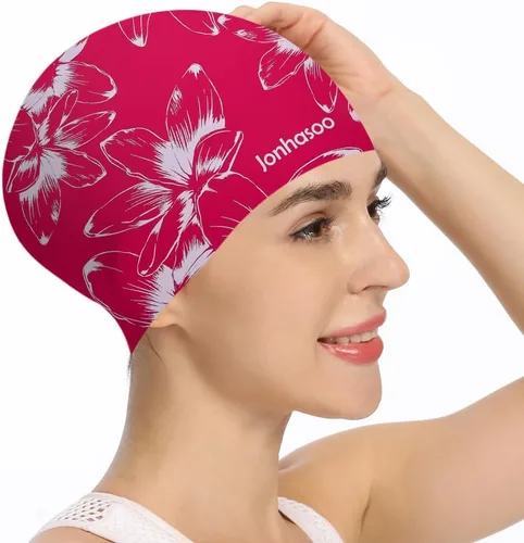 Vista 8 de Jonhosoo - Gorro de natación de silicona para mujer, impermeable, largo, con estampado de flores