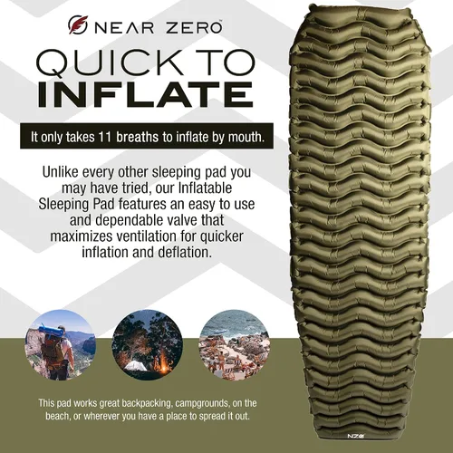 Vista 4 de NEAR ZERO Colchoneta inflable ultraligera – Almohadilla de aire compacta de 14.5 oz de 2 pulgadas de grosor, se infla rápidamente con 11