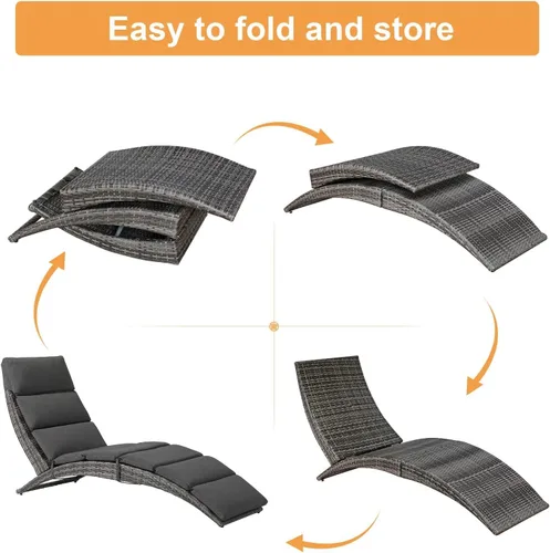 Vista 6 de JOIVI Tumbona para patio, tumbona para exteriores, tumbona plegable de ratán PE con cojín extraíble gris oscuro, adecuado para piscina, jardín